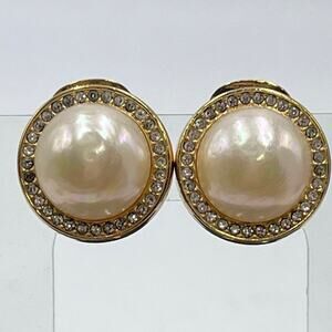 CHRISTIAN DIOR Vintage Designer Signed Gold Plated Faux Pearl Clip On Earrings‎